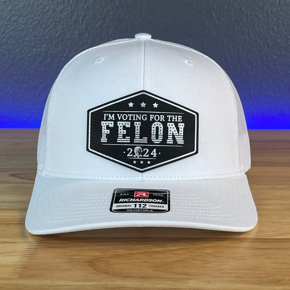 I'M VOTING FOR THE FELON Trump Face 2024 Leather Patch SnapBack Trucker Hat Black/Silver Patch Hat