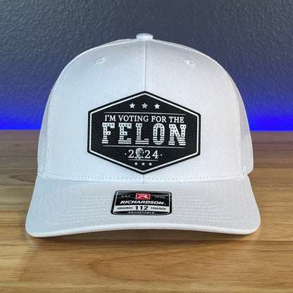 I'M VOTING FOR THE FELON Trump Face 2024 Leather Patch SnapBack Trucker Hat Black/Silver Patch Hat