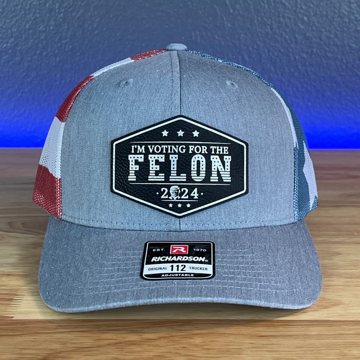 I'M VOTING FOR THE FELON Trump Face 2024 Leather Patch SnapBack Trucker Hat Black/Silver Patch Hat