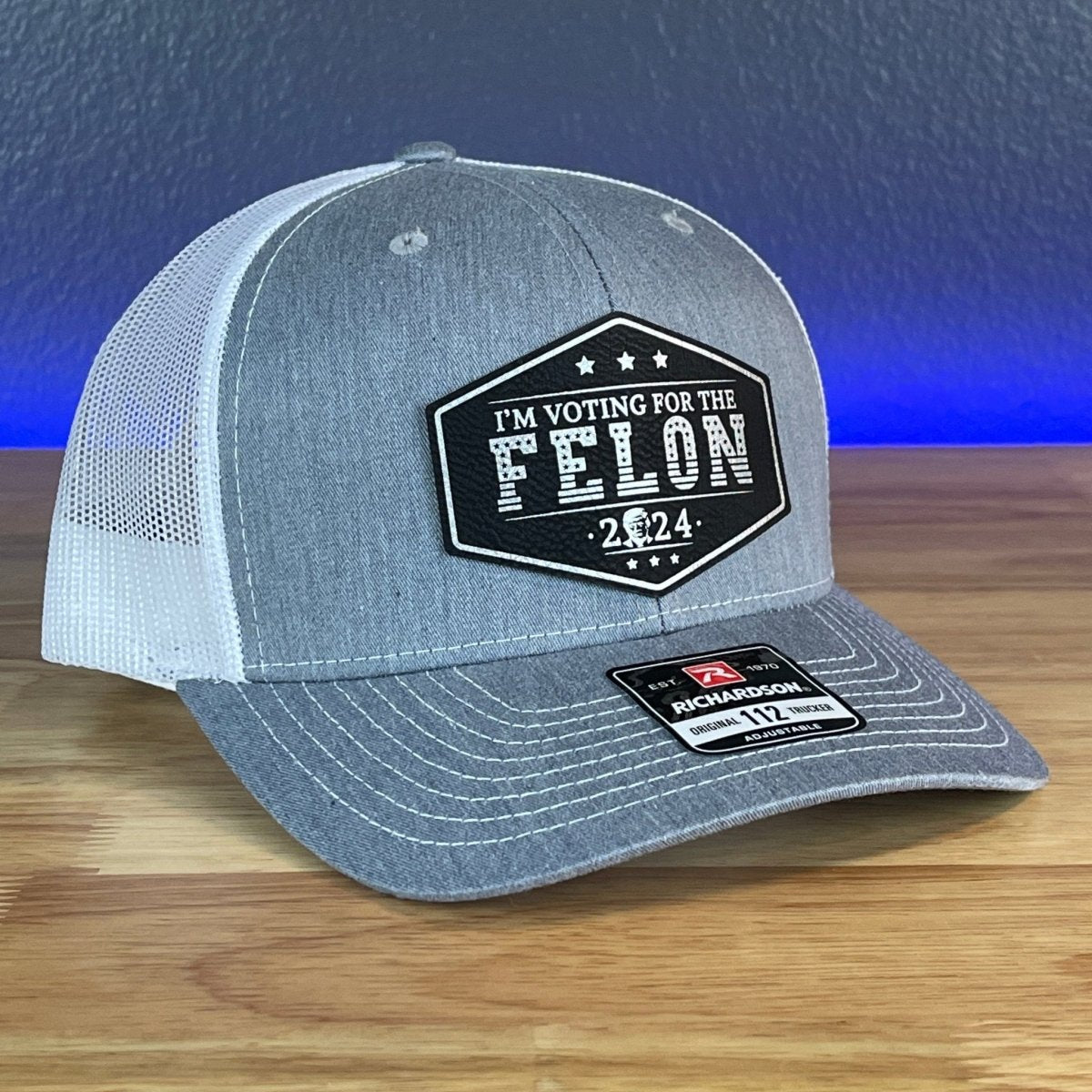 I'M VOTING FOR THE FELON Trump Face 2024 Leather Patch SnapBack Trucker Hat Black/Silver Patch Hat