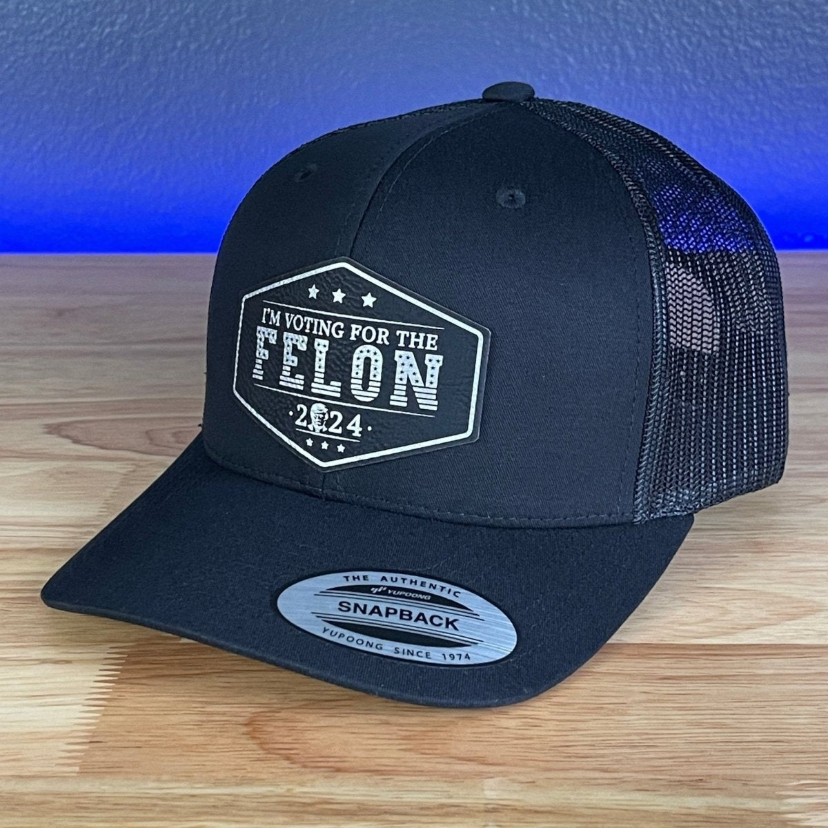 I'M VOTING FOR THE FELON Trump Face 2024 Leather Patch SnapBack Trucker Hat Black/Silver Patch Hat