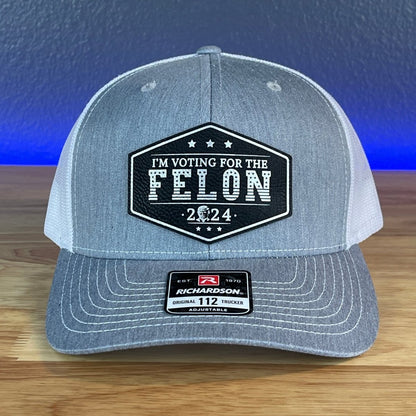 I'M VOTING FOR THE FELON Trump Face 2024 Leather Patch SnapBack Trucker Hat Black/Silver Patch Hat