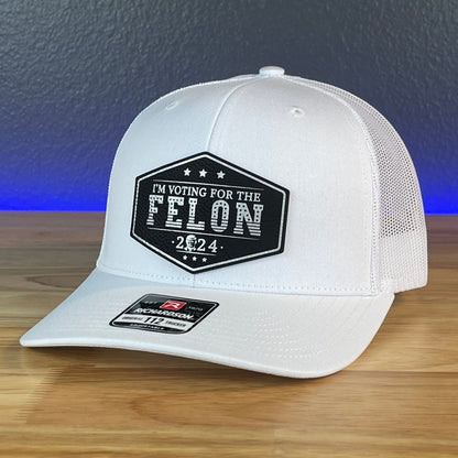 I'M VOTING FOR THE FELON Trump Face 2024 Leather Patch SnapBack Trucker Hat Black/Silver Patch Hat