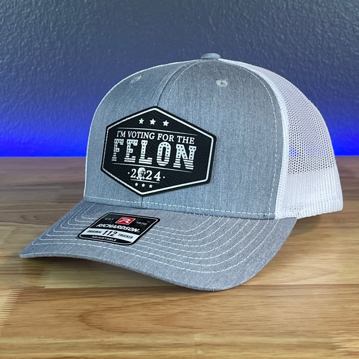 I'M VOTING FOR THE FELON Trump Face 2024 Leather Patch SnapBack Trucker Hat Black/Silver Patch Hat