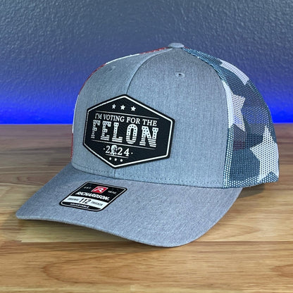 I'M VOTING FOR THE FELON Trump Face 2024 Leather Patch SnapBack Trucker Hat Black/Silver Patch Hat