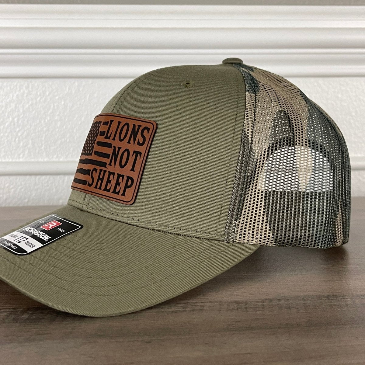 Lions Not Sheep American Flag Patriotic Leather Patch Hat Green/Camo Patch Hat - VividEditions