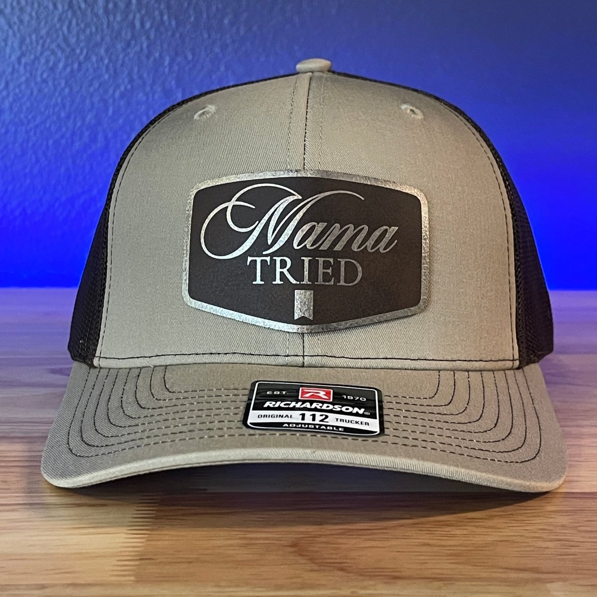 MAMA TRIED Funny Gold + Brown Leather Patch Hat Khaki/Brown Patch Hat - VividEditions