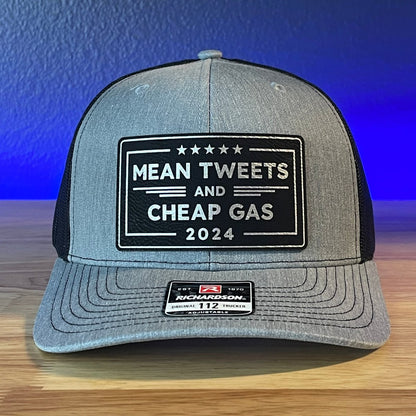 MEAN TWEETS and CHEAP GAS Trump 2024 Trucker Leather Patch Hat Black/Silver Patch Hat