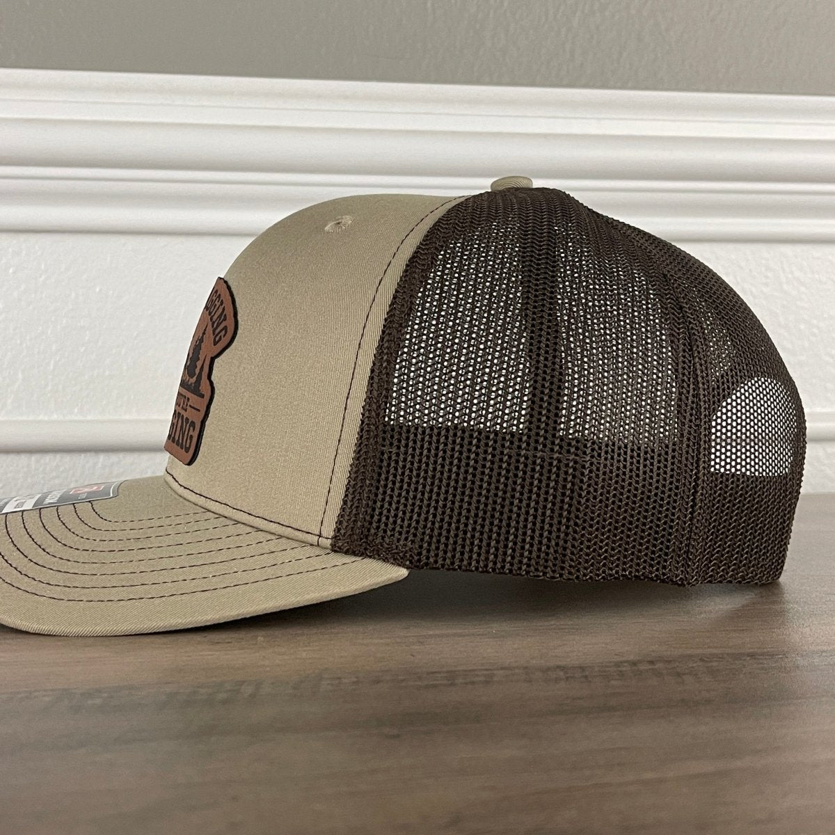 No Bragging Until You're Dragging Deer Hunting Leather Patch Hat Khaki/Brown Patch Hat - VividEditions