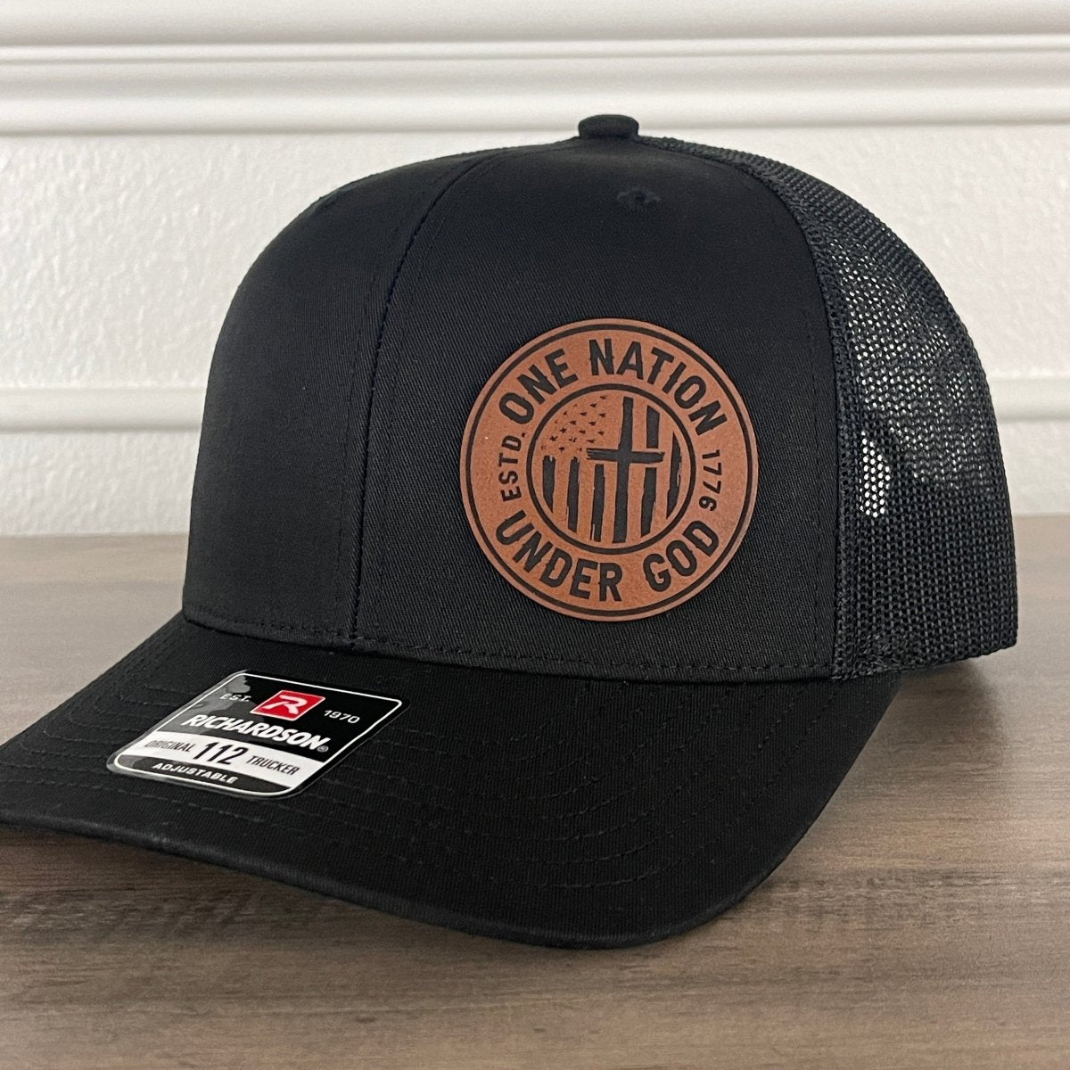 One Nation Under God 1776 Flag Side Leather Patch Hat Black Patch Hat - VividEditions