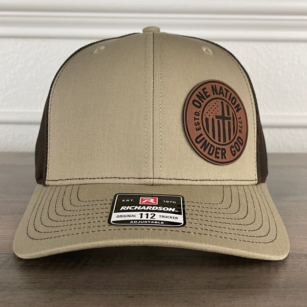 One Nation Under God Flag Patriotic Leather Patch Hat Khaki/Brown Patch Hat - VividEditions