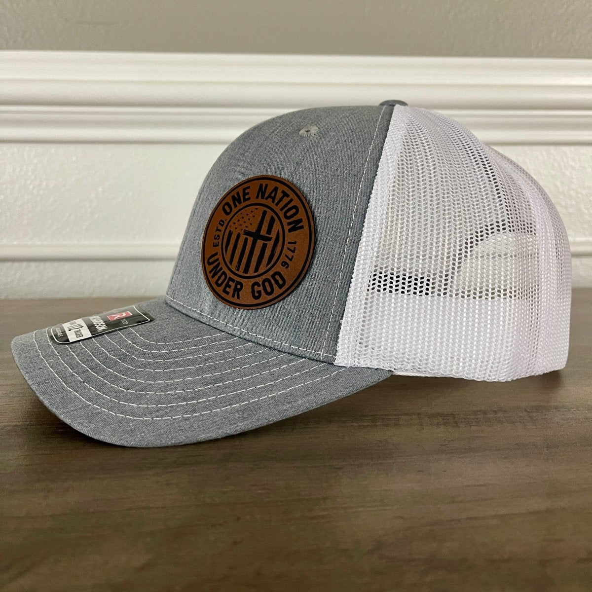 One Nation Under God Patriotic Side Leather Patch Hat Grey/White Patch Hat - VividEditions