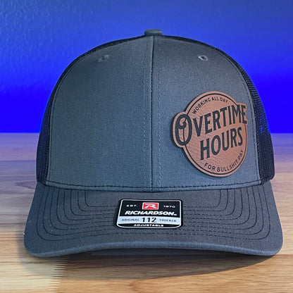 Overtime Hours Funny Country Side Leather Patch Hat Charcoal/Black Patch Hat