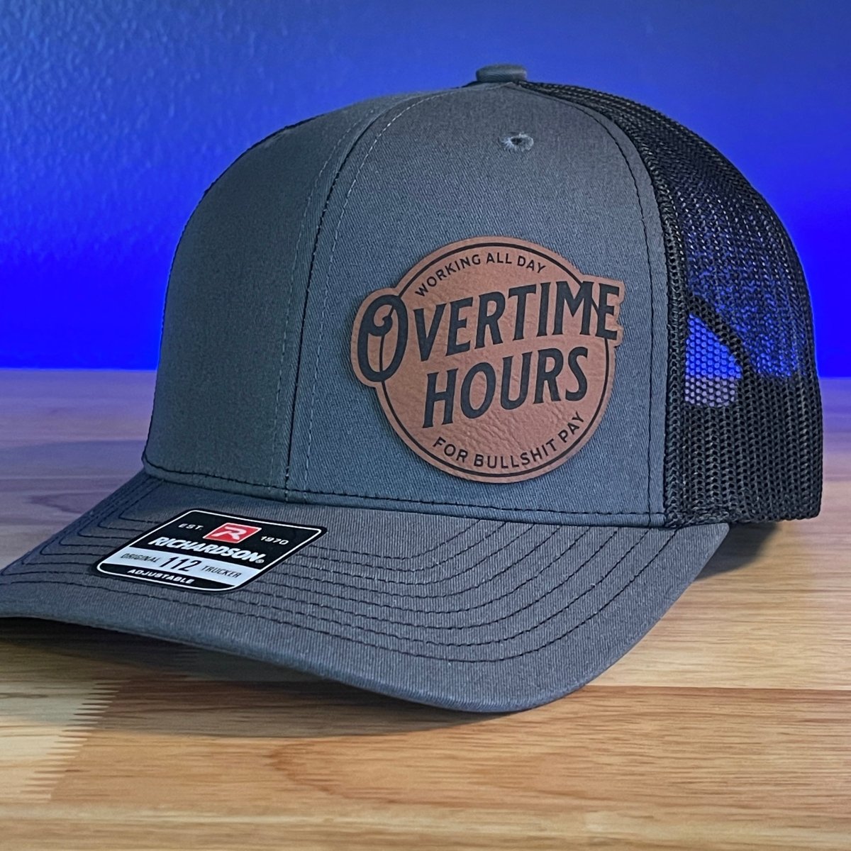 Overtime Hours Funny Country Side Leather Patch Hat Charcoal/Black Patch Hat