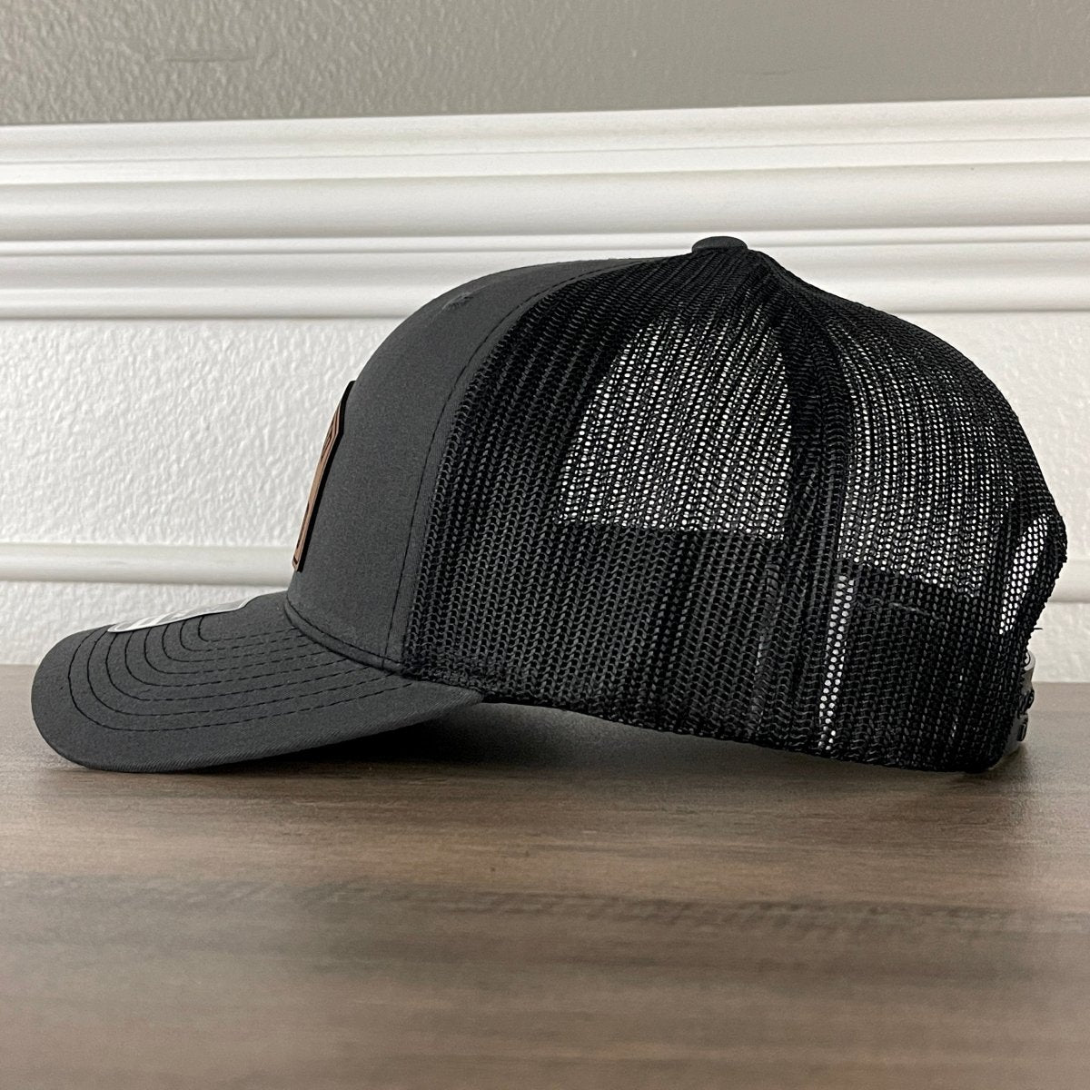 Overworked And Underlaid Funny Leather Patch Hat Charcoal/Black Patch Hat - VividEditions