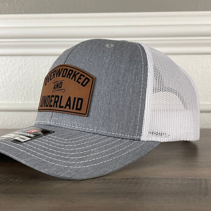 Overworked And Underlaid Funny Leather Patch Hat Grey/White Patch Hat - VividEditions