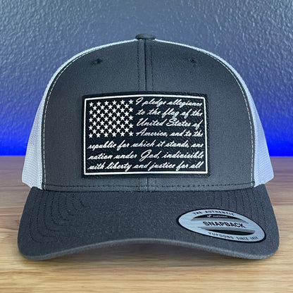 Pledge Of Allegiance American Flag Patriotic SnapBack Trucker Blk/Silv Leather Patch Hat Charcoal/White Patch Hat