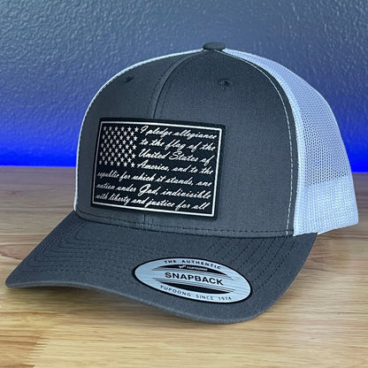 Pledge Of Allegiance American Flag Patriotic SnapBack Trucker Blk/Silv Leather Patch Hat Charcoal/White Patch Hat