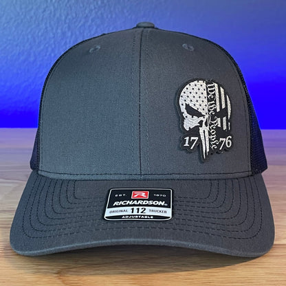 PUNISHER SKULL 1776 WE THE PEOPLE Silver Side Leather Patch Hat Charcoal/Black Patch Hat