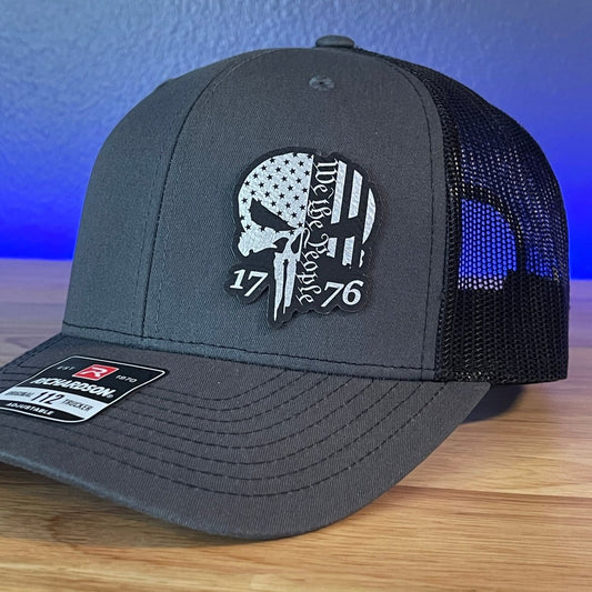 PUNISHER SKULL 1776 WE THE PEOPLE Silver Side Leather Patch Hat Charcoal/Black Patch Hat