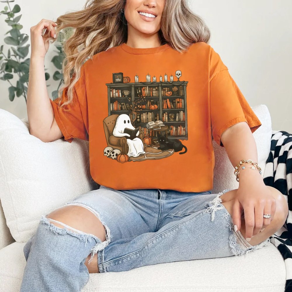 Retro Ghost Reading Books Halloween Shirt (3 colors) T-Shirt