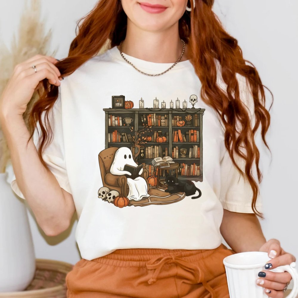 Retro Ghost Reading Books Halloween Shirt (3 colors) T-Shirt