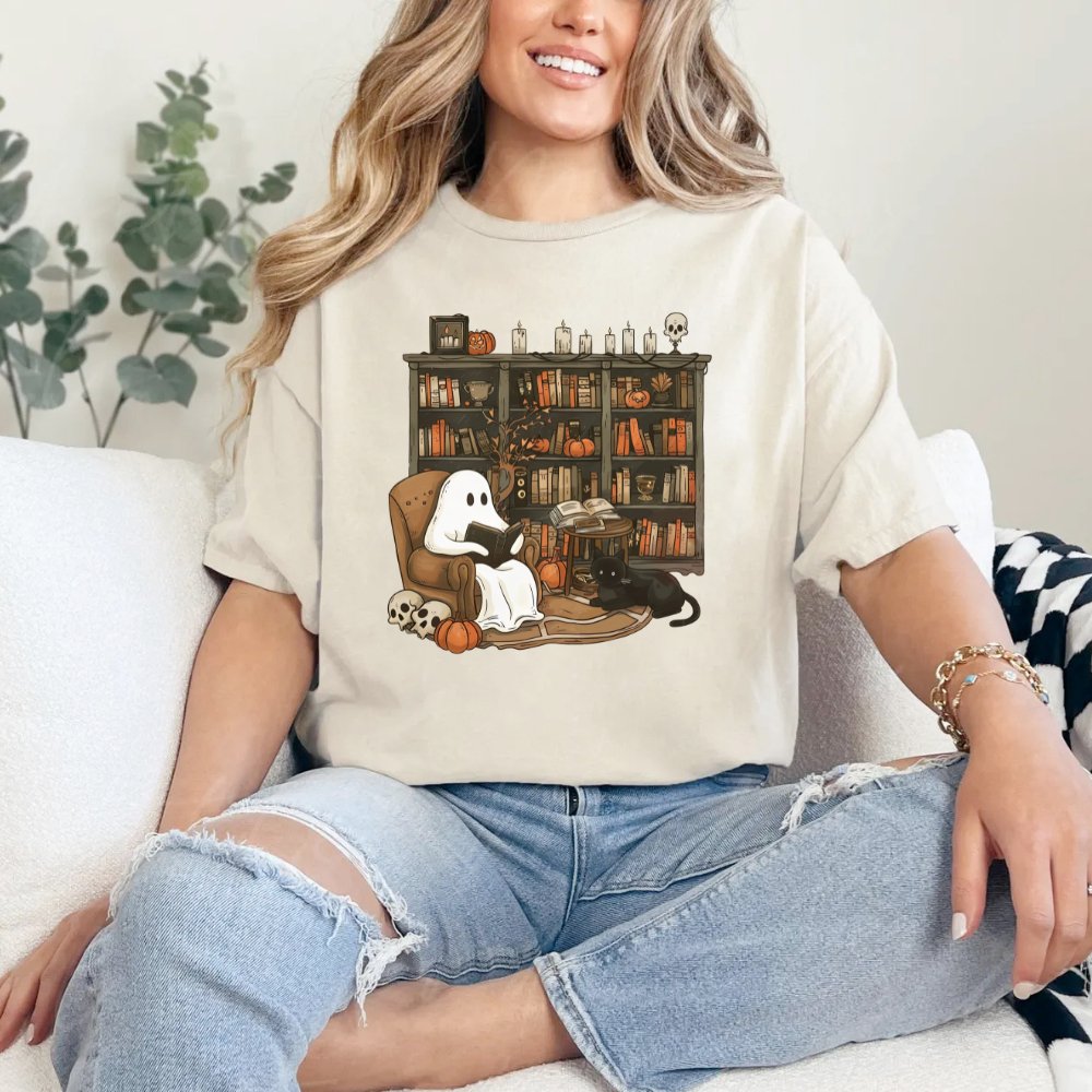 Retro Ghost Reading Books Halloween Shirt (3 colors) T-Shirt