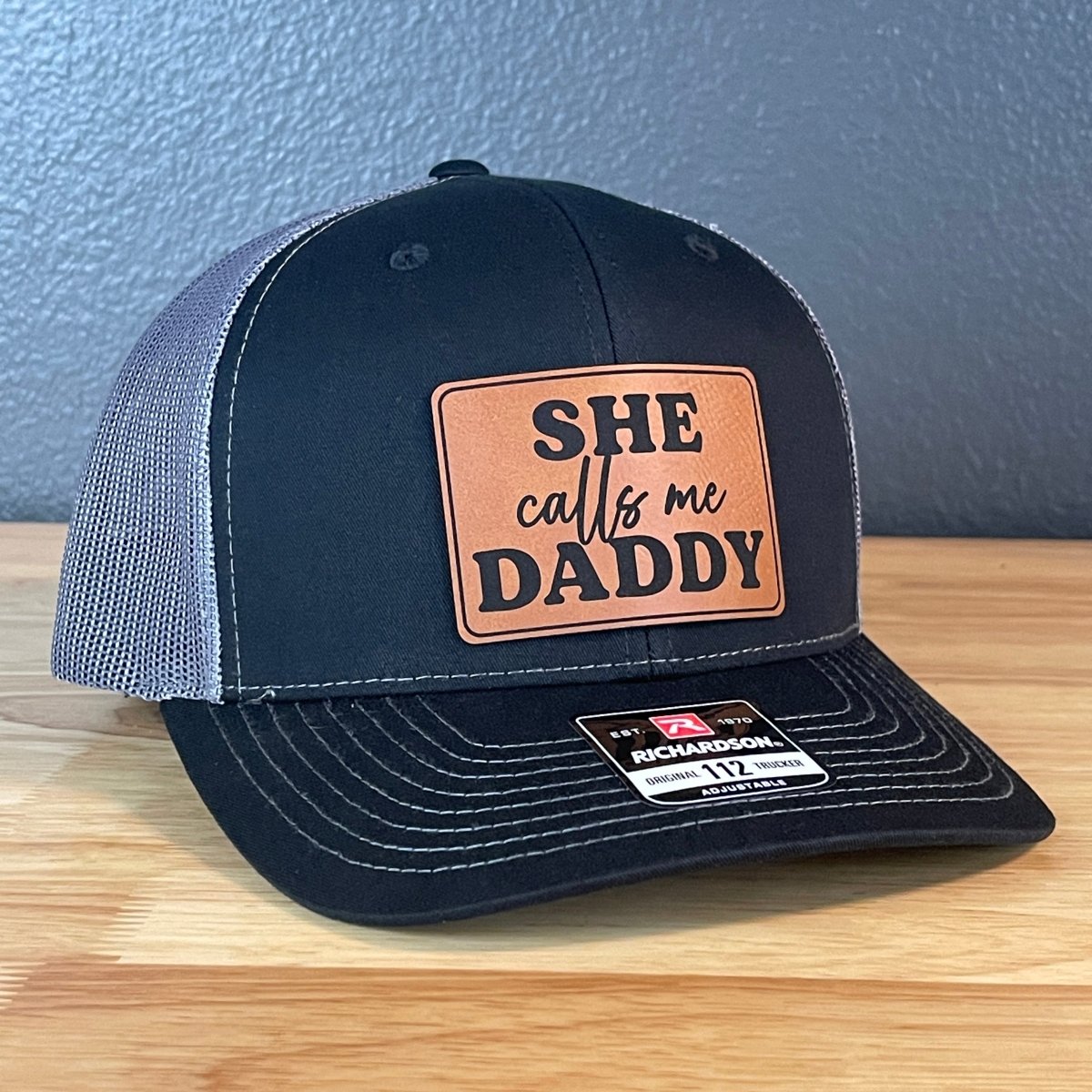 She Calls Me Daddy Funny Leather Patch Hat Black/Charcoal Patch Hat