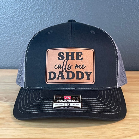 She Calls Me Daddy Funny Leather Patch Hat Black/Charcoal Patch Hat