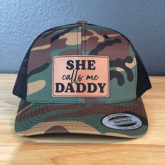 She Calls Me Daddy Funny Leather Patch Hat Camo/Black Patch Hat