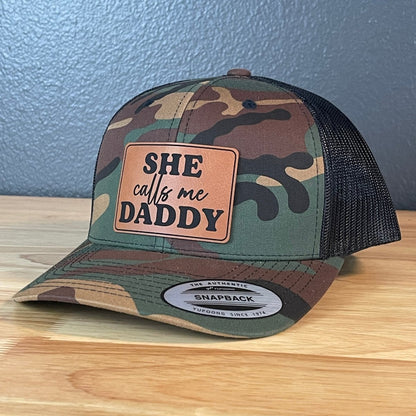 She Calls Me Daddy Funny Leather Patch Hat Camo/Black Patch Hat