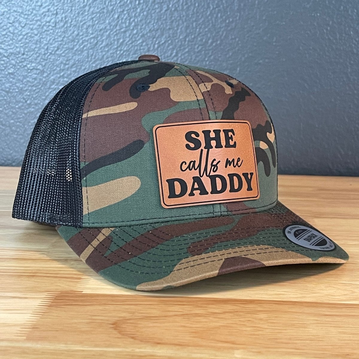 She Calls Me Daddy Funny Leather Patch Hat Camo/Black Patch Hat