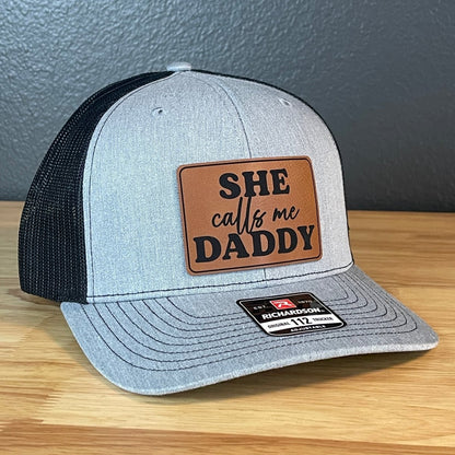 She Calls Me Daddy Funny Leather Patch Hat Heather Grey/Black Patch Hat