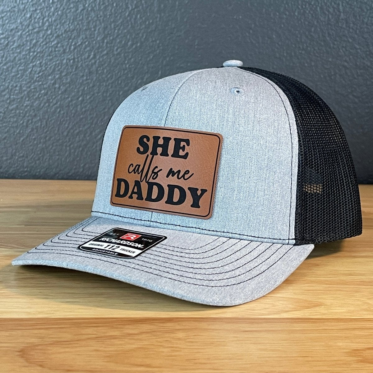 She Calls Me Daddy Funny Leather Patch Hat Heather Grey/Black Patch Hat