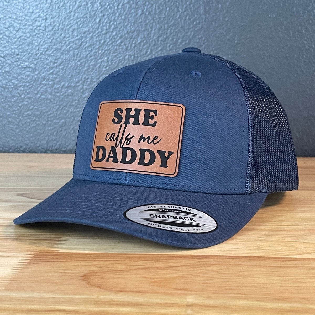 She Calls Me Daddy Funny Leather Patch Hat Navy Blue Patch Hat