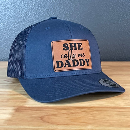 She Calls Me Daddy Funny Leather Patch Hat Navy Blue Patch Hat