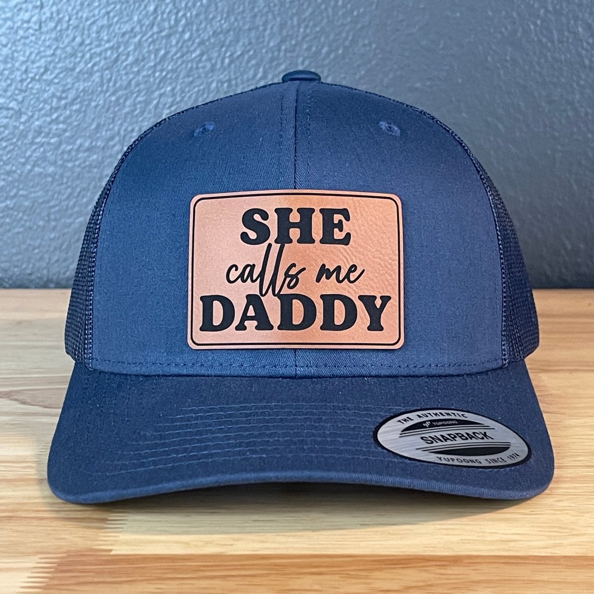 She Calls Me Daddy Funny Leather Patch Hat Navy Blue Patch Hat