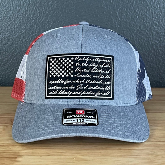 The Pledge of Allegiance American Flag Blk/Silv Leather Patch SnapBack Trucker Hat Stars & Stripes Patch Hat