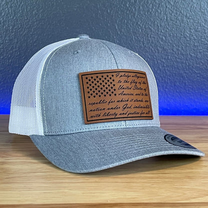 The Pledge Of Allegiance American Flag Patriotic Leather Patch SnapBack Trucker Hat Heather Grey/White Patch Hat