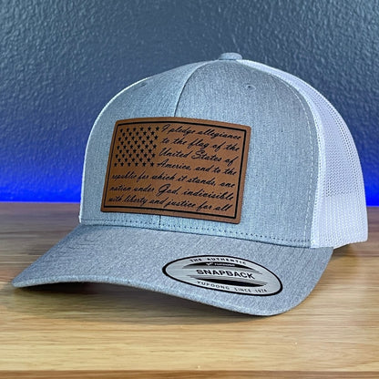 The Pledge Of Allegiance American Flag Patriotic Leather Patch SnapBack Trucker Hat Heather Grey/White Patch Hat