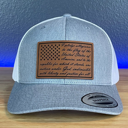 The Pledge Of Allegiance American Flag Patriotic Leather Patch SnapBack Trucker Hat Heather Grey/White Patch Hat