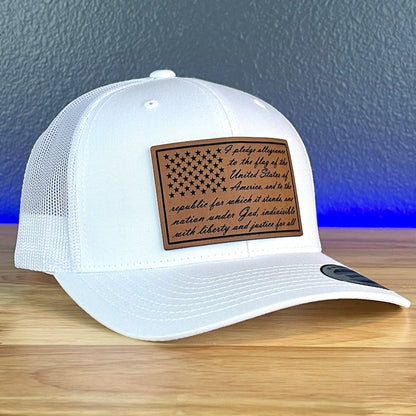 The Pledge Of Allegiance American Flag Patriotic Leather Patch SnapBack Trucker Hat White Patch Hat