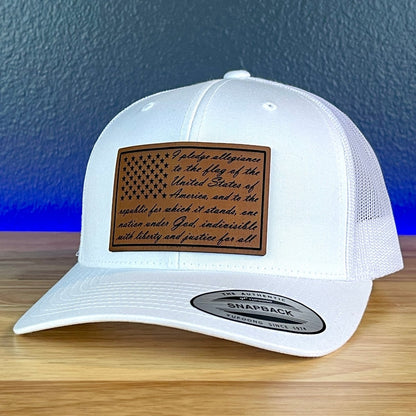 The Pledge Of Allegiance American Flag Patriotic Leather Patch SnapBack Trucker Hat White Patch Hat