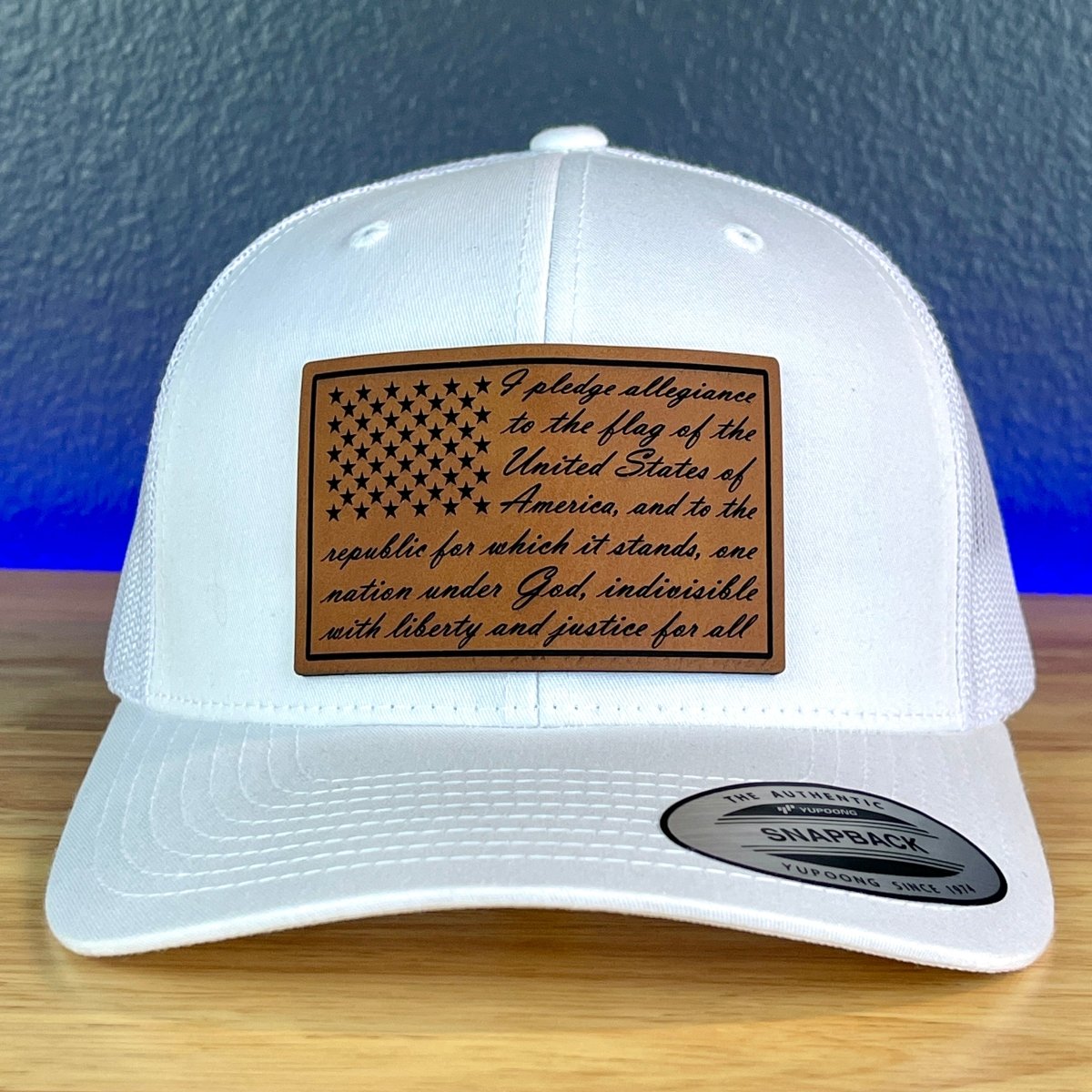 The Pledge Of Allegiance American Flag Patriotic Leather Patch SnapBack Trucker Hat White Patch Hat