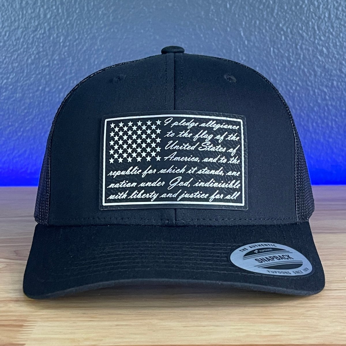 The Pledge of Allegiance American Flag Patriotic SnapBack Leather Patch Trucker Hat Black/Silver Patch Hat