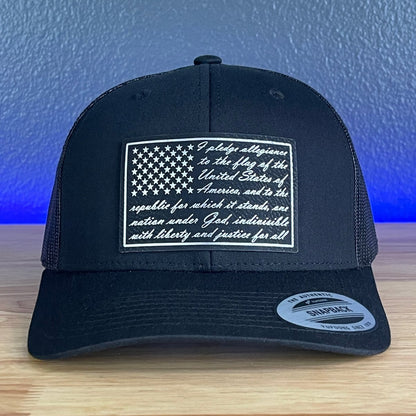 The Pledge of Allegiance American Flag Patriotic SnapBack Leather Patch Trucker Hat Black/Silver Patch Hat