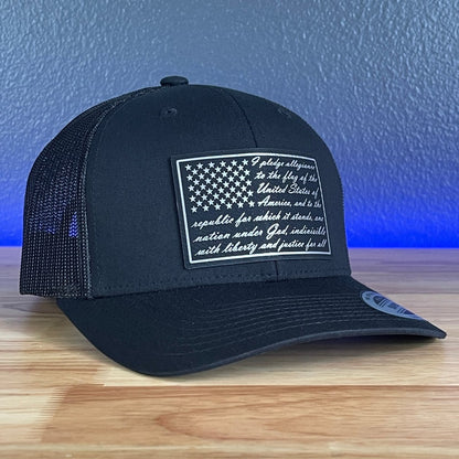 The Pledge of Allegiance American Flag Patriotic SnapBack Leather Patch Trucker Hat Black/Silver Patch Hat