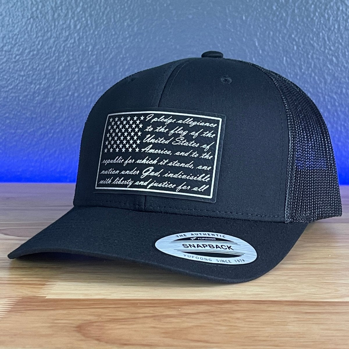 The Pledge of Allegiance American Flag Patriotic SnapBack Leather Patch Trucker Hat Black/Silver Patch Hat