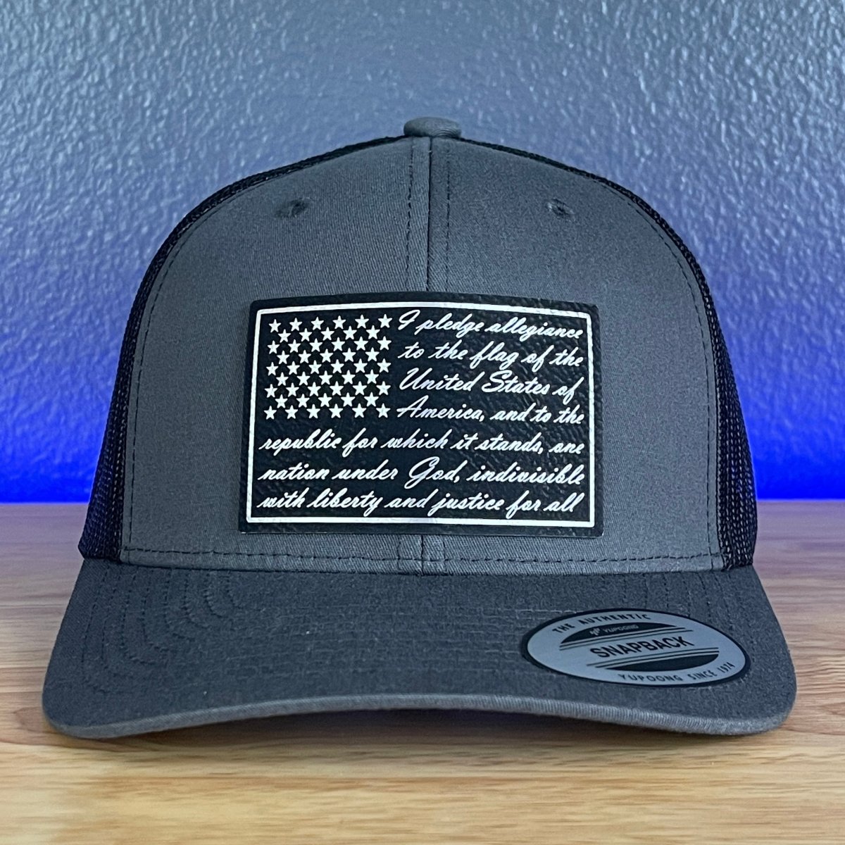 The Pledge Of Allegiance American Flag Patriotic SnapBack Trucker BLK/SILV Leather Patch Hat Charcoal Patch Hat