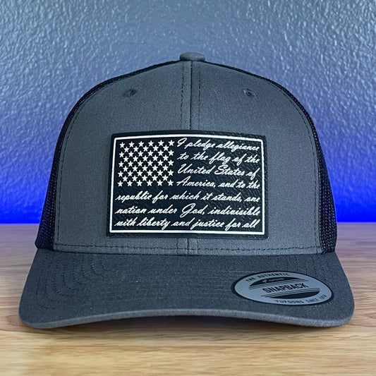 The Pledge Of Allegiance American Flag Patriotic SnapBack Trucker BLK/SILV Leather Patch Hat Charcoal Patch Hat